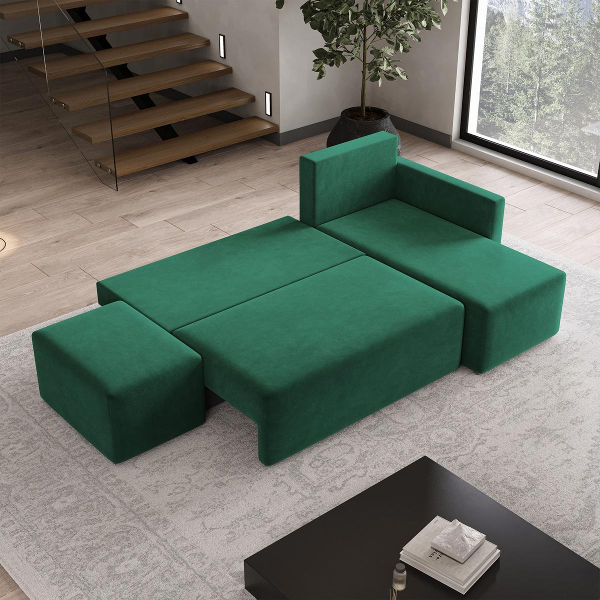 ECKSOFA VELOTTI R-S Grün Plüsch-Stoff mit Schlaffunktion - Grün, Holz (261/143cm) - MASSENO