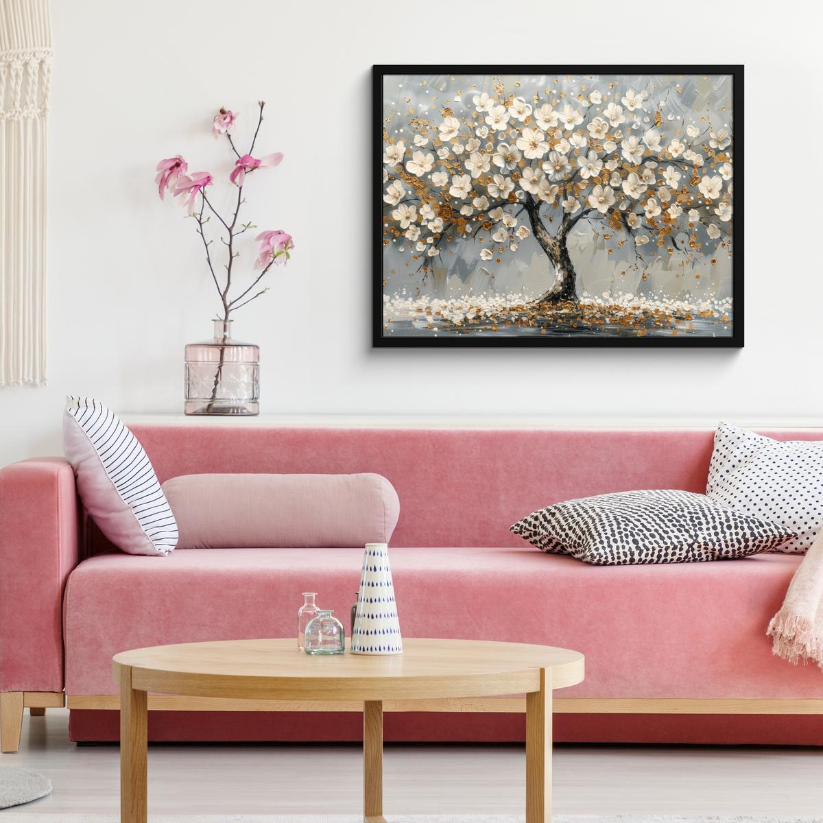 POSTER MIT RAHMENGERAHMTES BILD Baum - Blumen - Weiß - Natur - Kunst 80x60 cm - Weiß, Papier (80/60cm) - MuchoWow