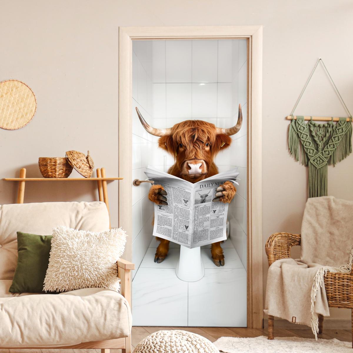 TÜRAUFKLEBER Scottish Highlander - Zeitung - WC - Tier 90x215 cm - Türtapete - Weiß, Kunststoff (90/0.1cm) - MuchoWow