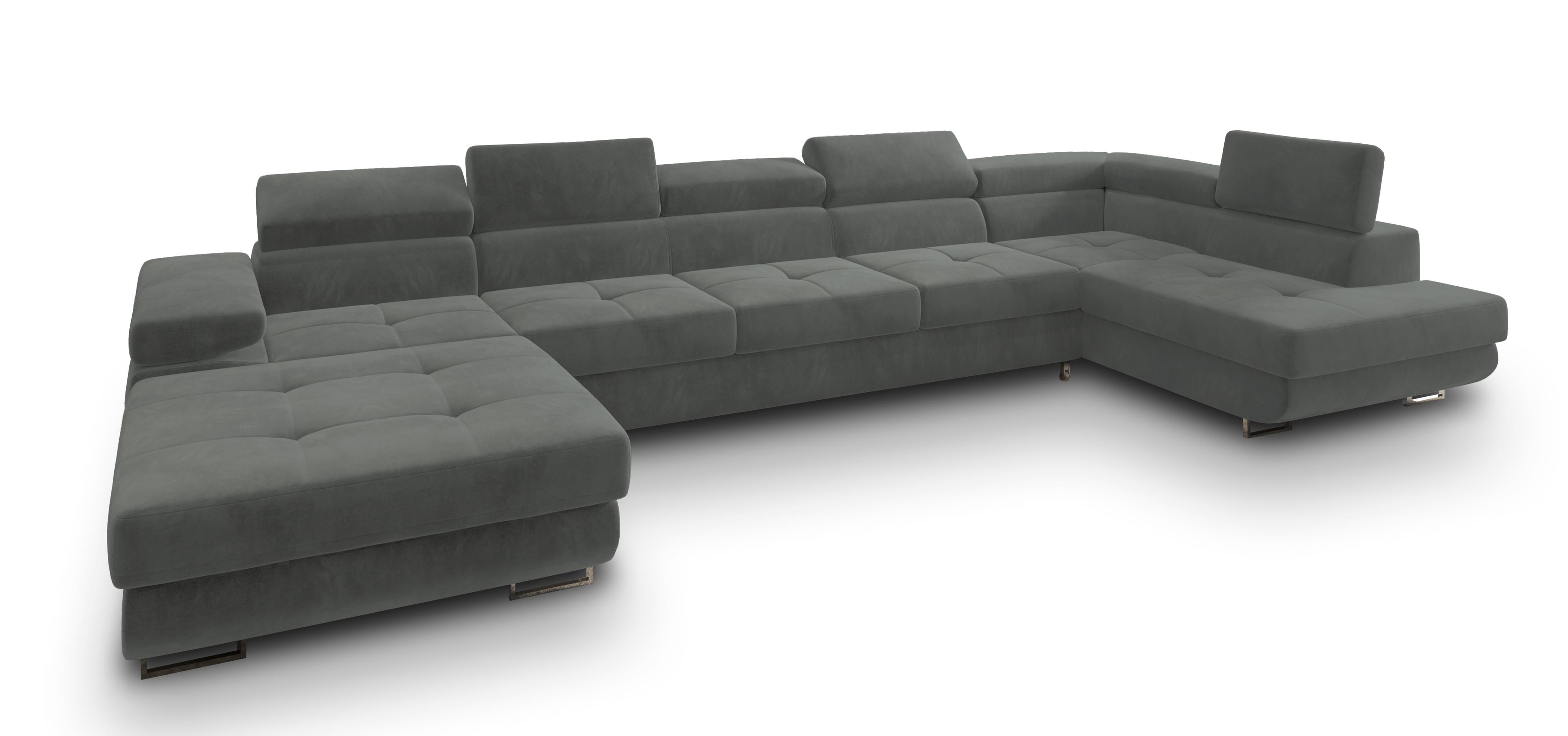 WOHNLANDSCHAFT TORIVA R-S Grau Velours-Stoff mit Schlaffunktion - Grau, Holz (418/90/202cm) - MASSENO