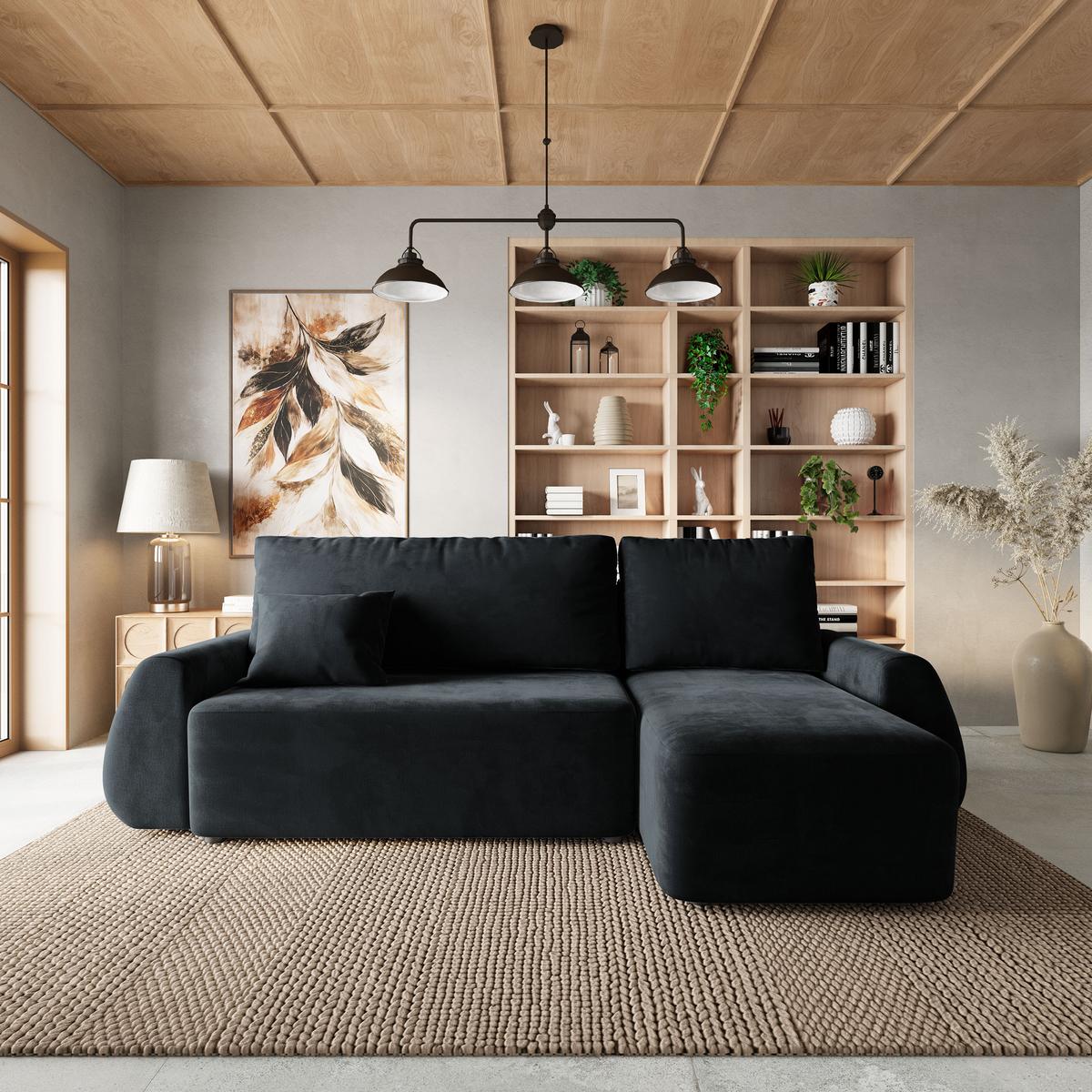 ECKSOFA GALVIS Schwarz Velours-Stoff mit Schlaffunktion - Schwarz, Holz (256/156cm) - MASSENO