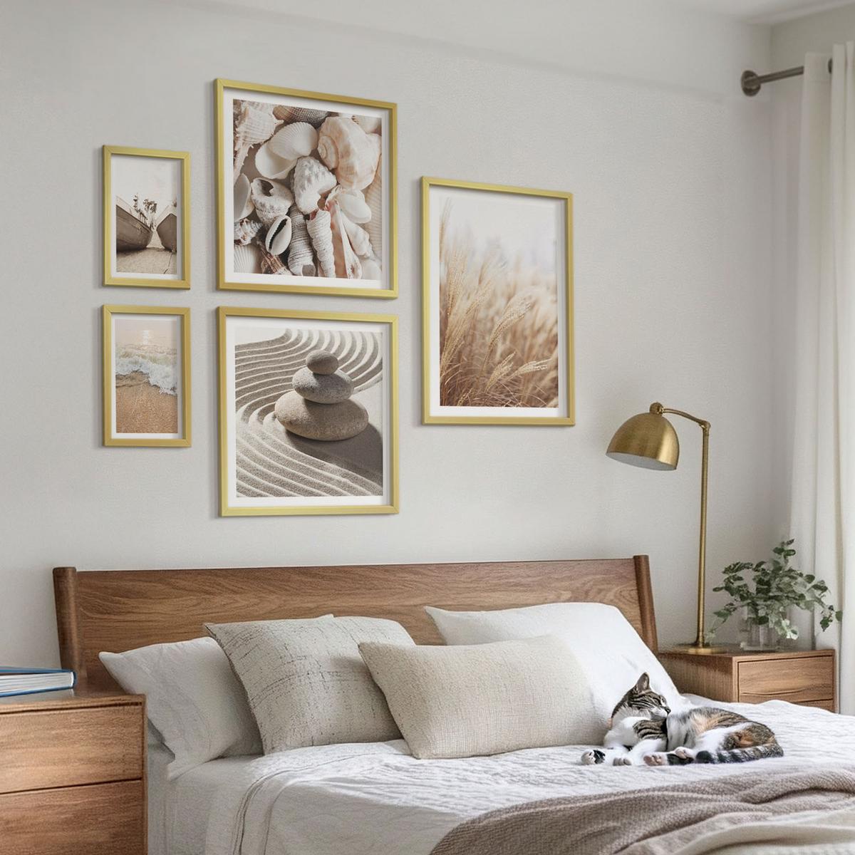 BILDER SET 5er Set - 50x50 cm & 20x30 cm & 40x60 cm Goldrahmen - Wolkenmeer, Traumfänger, Gras - Goldfarben, Kunststoff (40/60cm) - TULUP