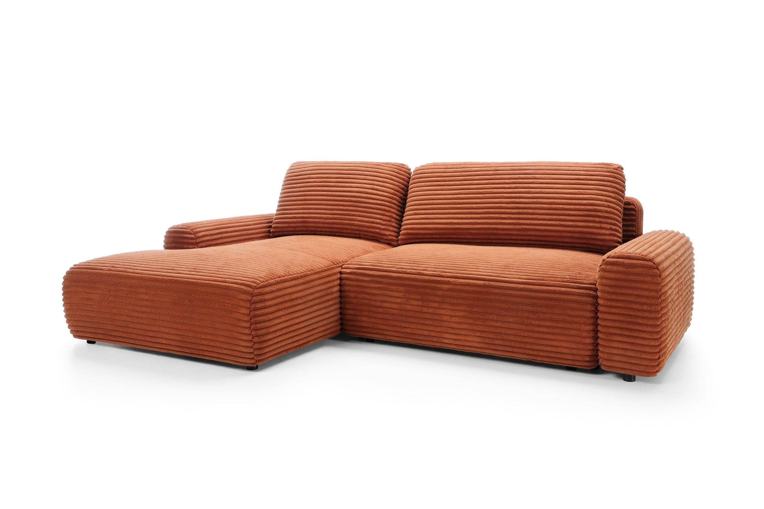 ECKSOFA OSSO Orange Velours-Stoff mit Schlaffunktion - Orange, Holz (264/162cm) - MASSENO