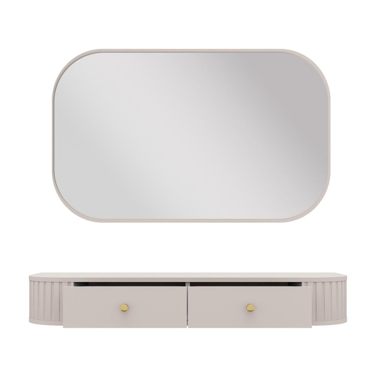 KONSOLENTISCH Halay Beige 2 Schubladen mit runden Kanten + Rechteckiger Spiegel - Beige/Goldfarben, Holzwerkstoff/Metall (36/123/17.5cm) - AX Living