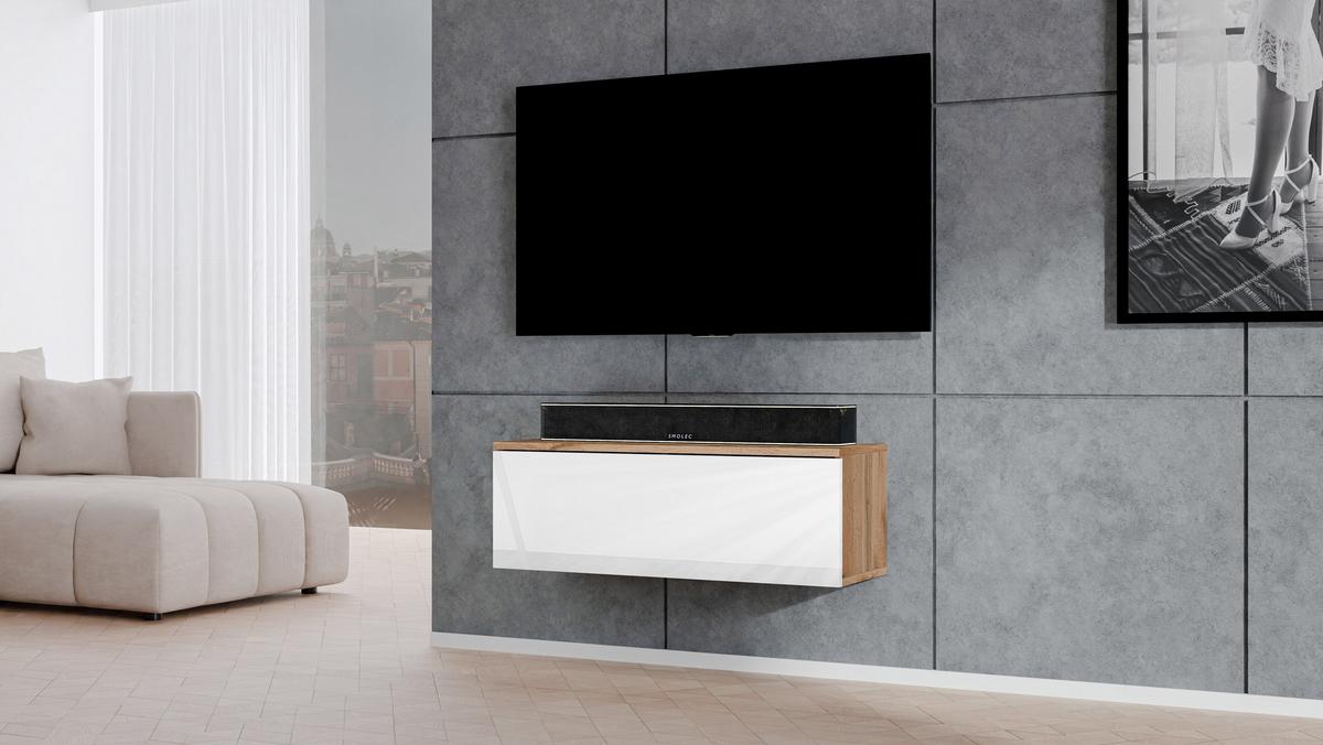 LOWBOARD Loriano 100 Eiche Wotan, Weiß Hochglanz 100/34/32 cm – TV Board - Braun/Weiß, Holzwerkstoff/Kunststoff (100/34/32cm) - AX Living