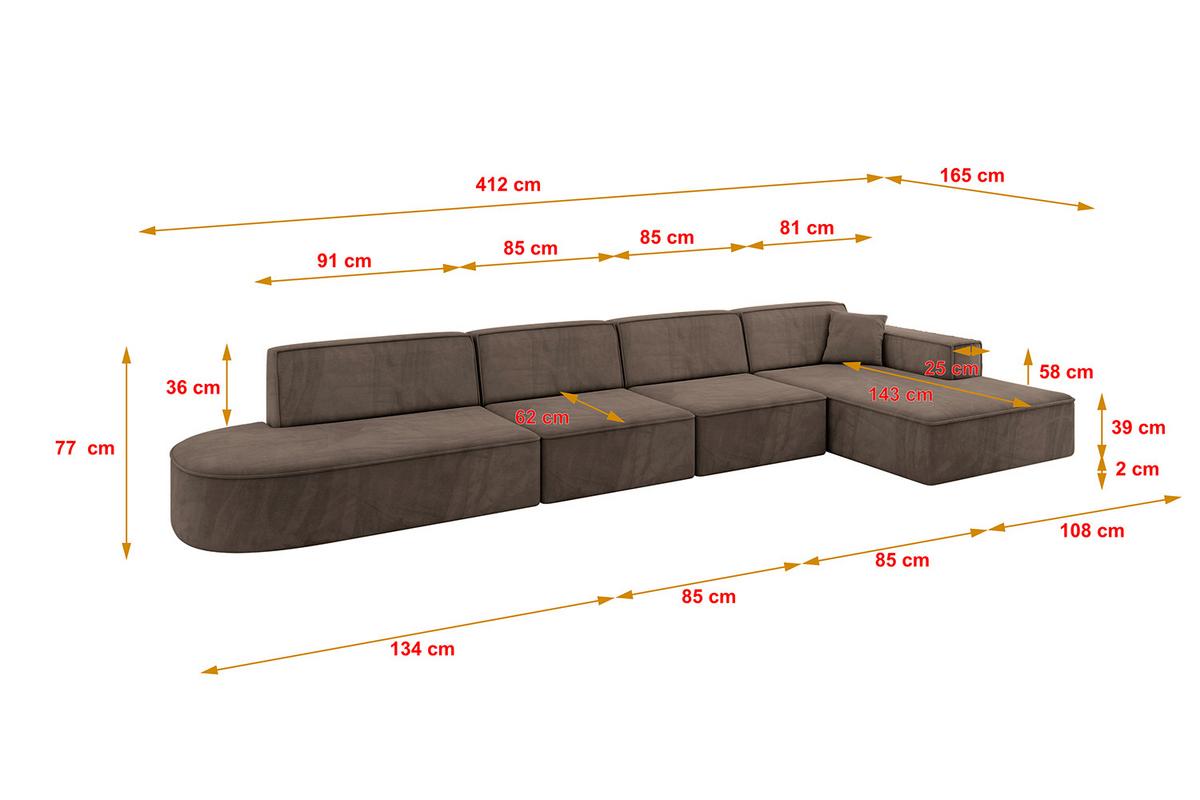ECKSOFA Ottomane Rechts IREA-L3-v4 - 412x165x77 cm Braun - Braun, Holzwerkstoff/Textil (412/165cm) - ALTDECOR