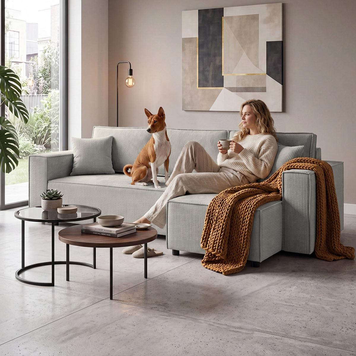 ECKSCHLAFSOFA Neapol mit Bettkasten, 255 cm, Cord-Stoff, Beige - Beige/Schwarz, Textil (256/148cm) - Beautysofa
