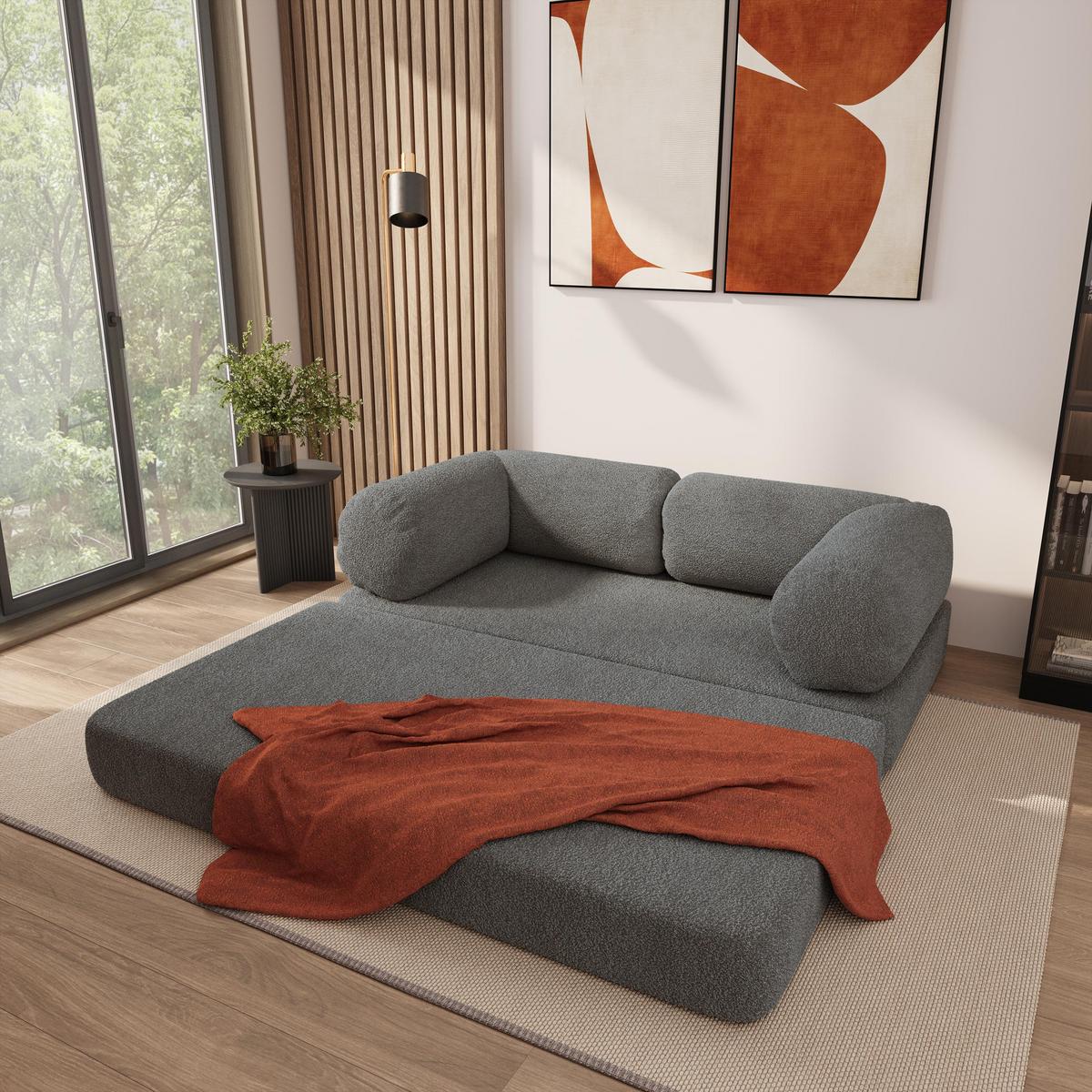 BETTSOFA EIREN aus Schaumstoff Bucle-Stoff Grau Schlaffunktion - Grau, Textil (170/68/80cm) - MASSENO
