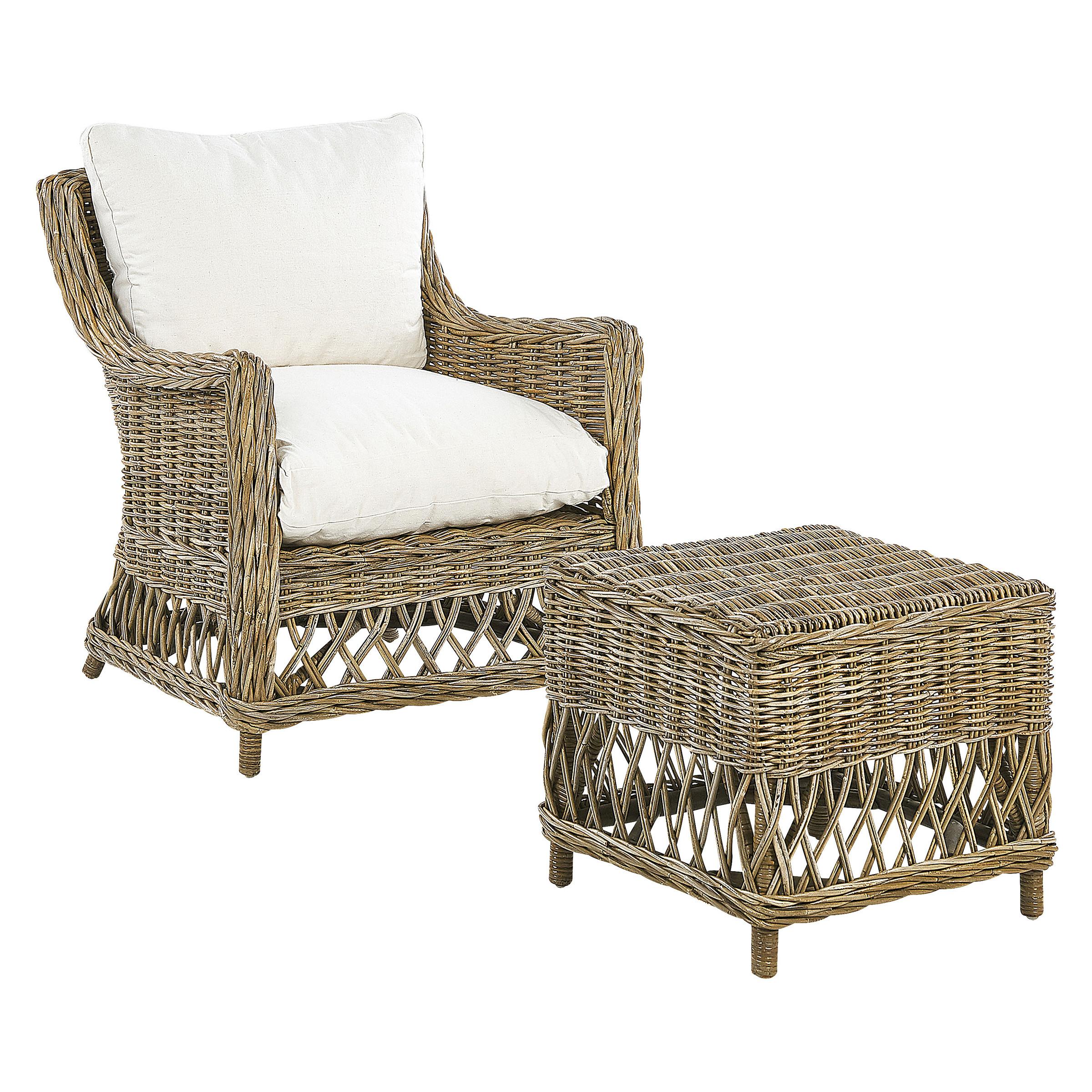 GARTENSESSEL mit Hocker Rattan natürlich Auflagen cremeweiß Ribolla - Beige/Naturfarben, Naturmaterialien (66/78/70cm) - Beliani