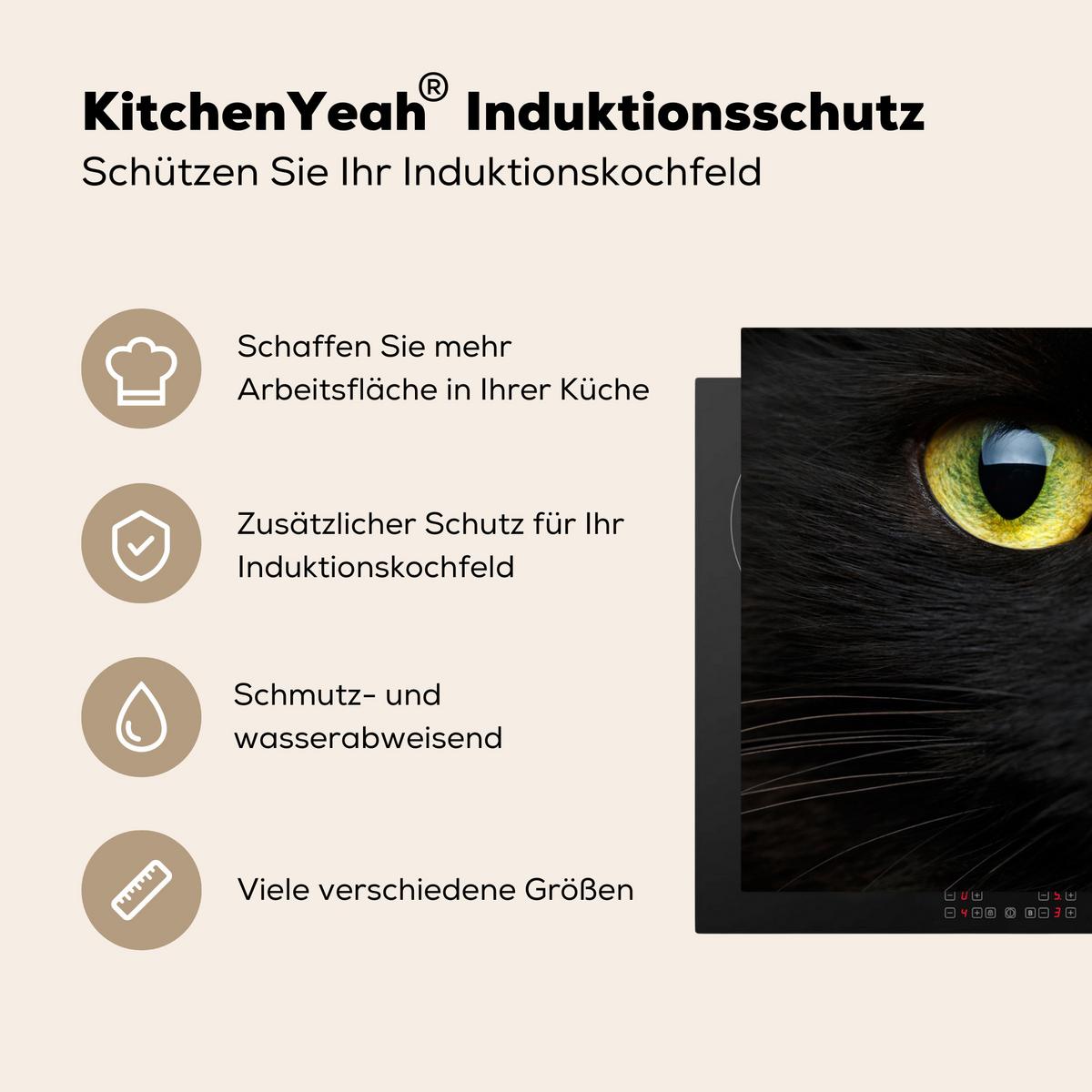 HERDABDECKPLATTE Katze - Augen - Gelb - Schwarz Induktionsschutz 91.2x52 cm - Schwarz, Kunststoff (91.2/52/0.2cm) - MuchoWow