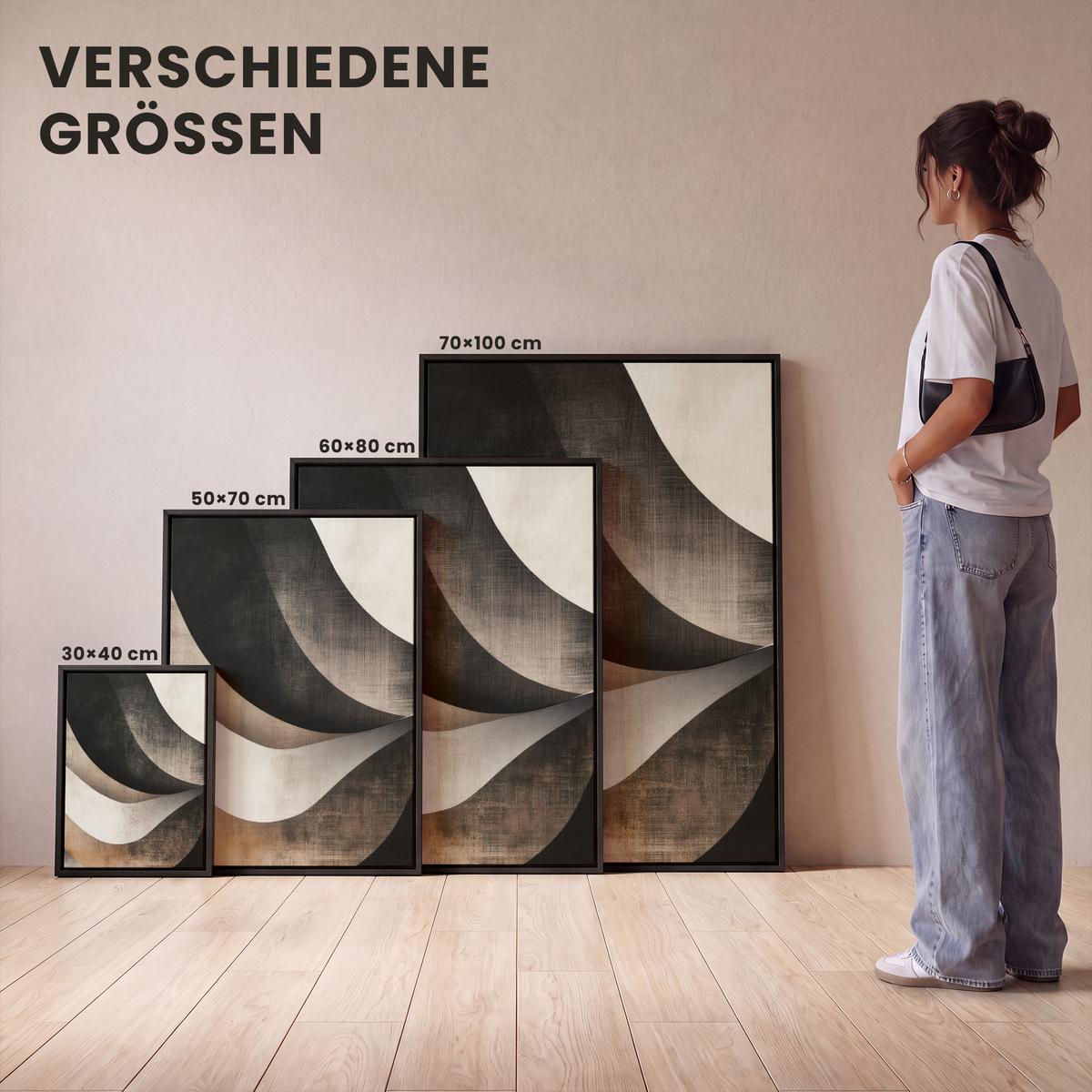 LEINWAND Bilder mit Rahmen - Abstrakt - Wellen - Schwarz - Verwittert - 30x40 - Trüffeleichefarben, Textil (30/40cm) - MuchoWow