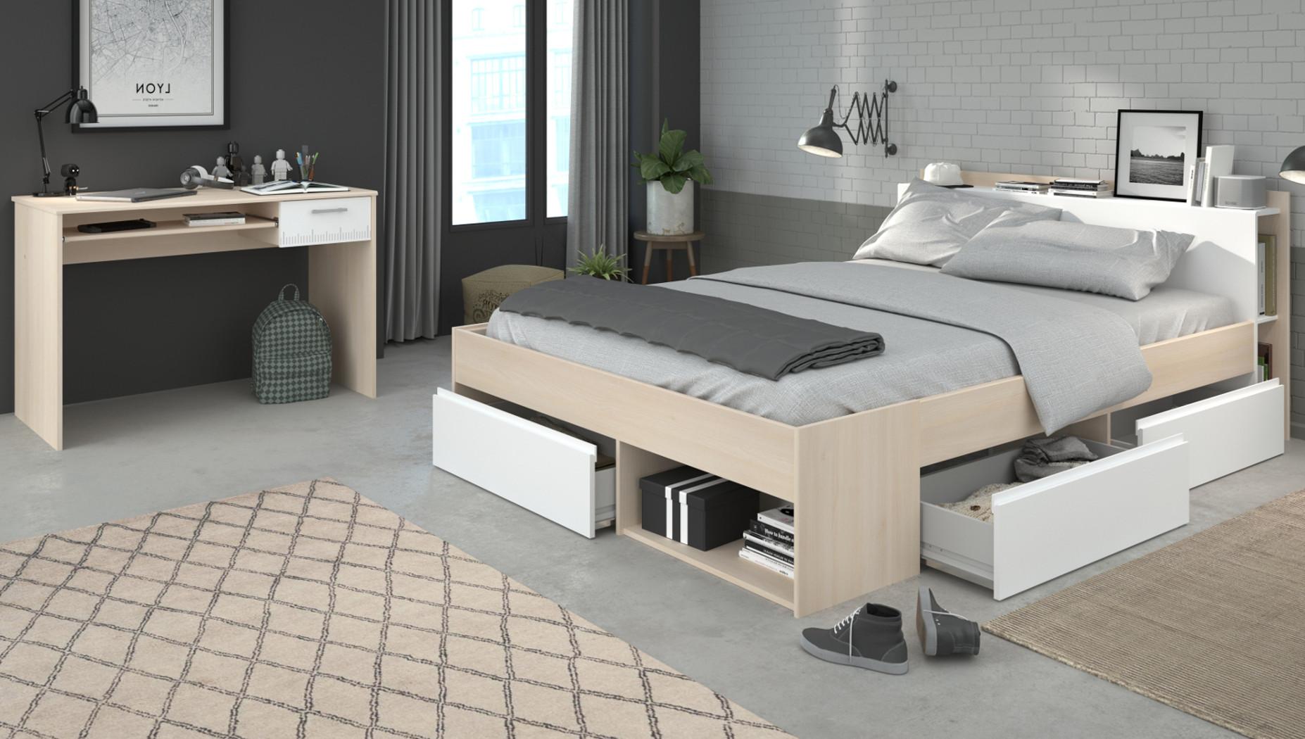JUGENDZIMMER Set mit Stauraumbett 160 x 200 und Schreibtisch - Silberfarben/Weiß, Holz/Holzwerkstoff (140/79/200cm) - Parisot Meuble