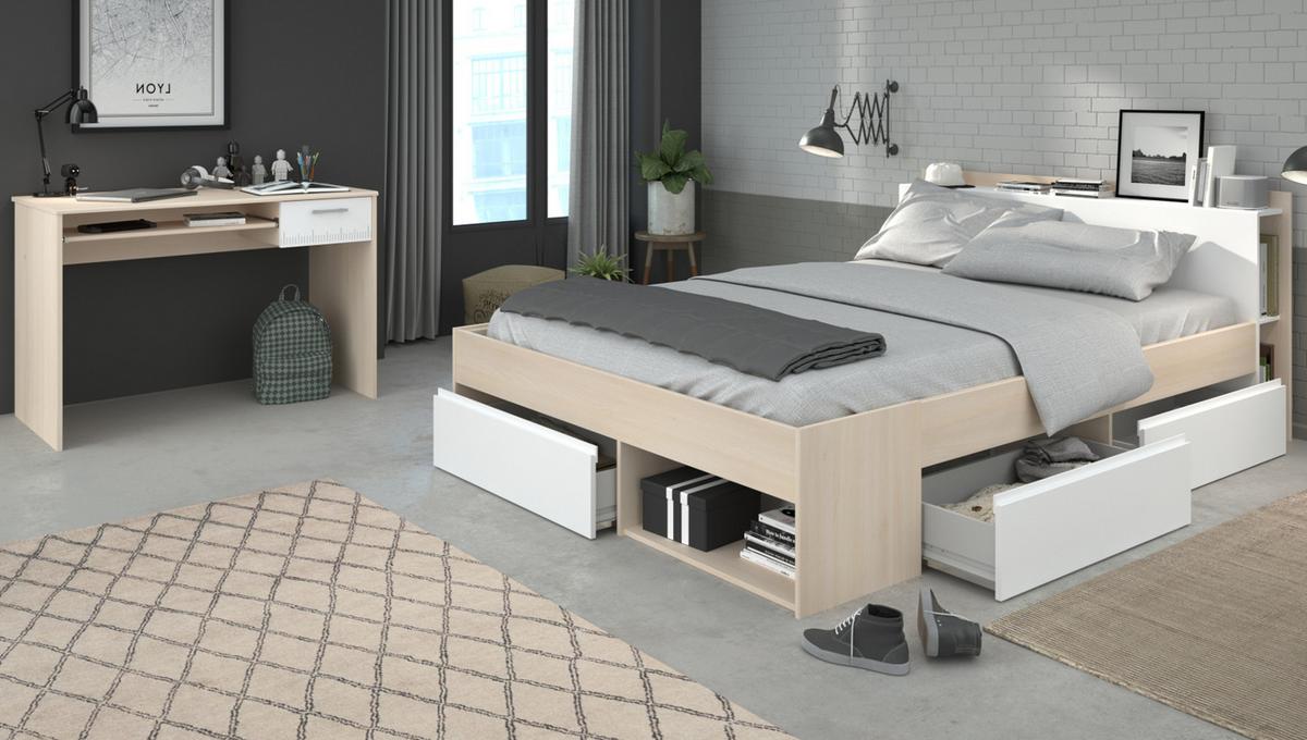 JUGENDZIMMER Set mit Stauraumbett 140 X 200 cm und Schreibtisch - Weiß/Akaziefarben, Holz/Holzwerkstoff (140/79/200cm) - Parisot Meuble
