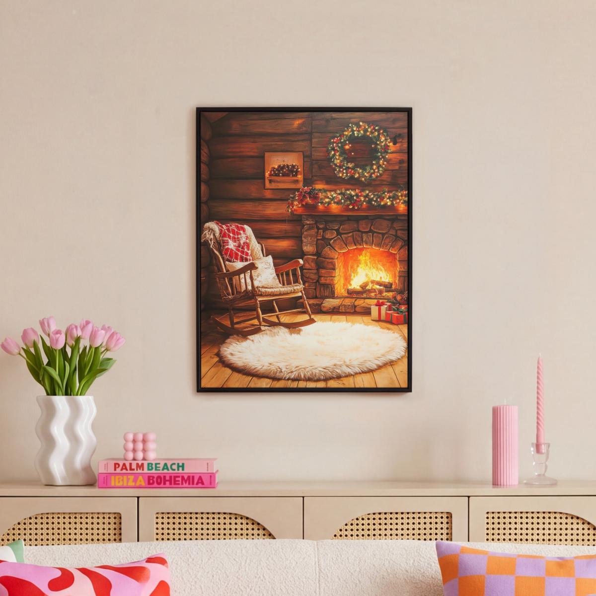 LEINWAND Bilder mit Rahmen - Winter - Weihnachten - Zuhause - Kamin - 50x70 - Bernsteinfarben, Textil (50/70cm) - MuchoWow