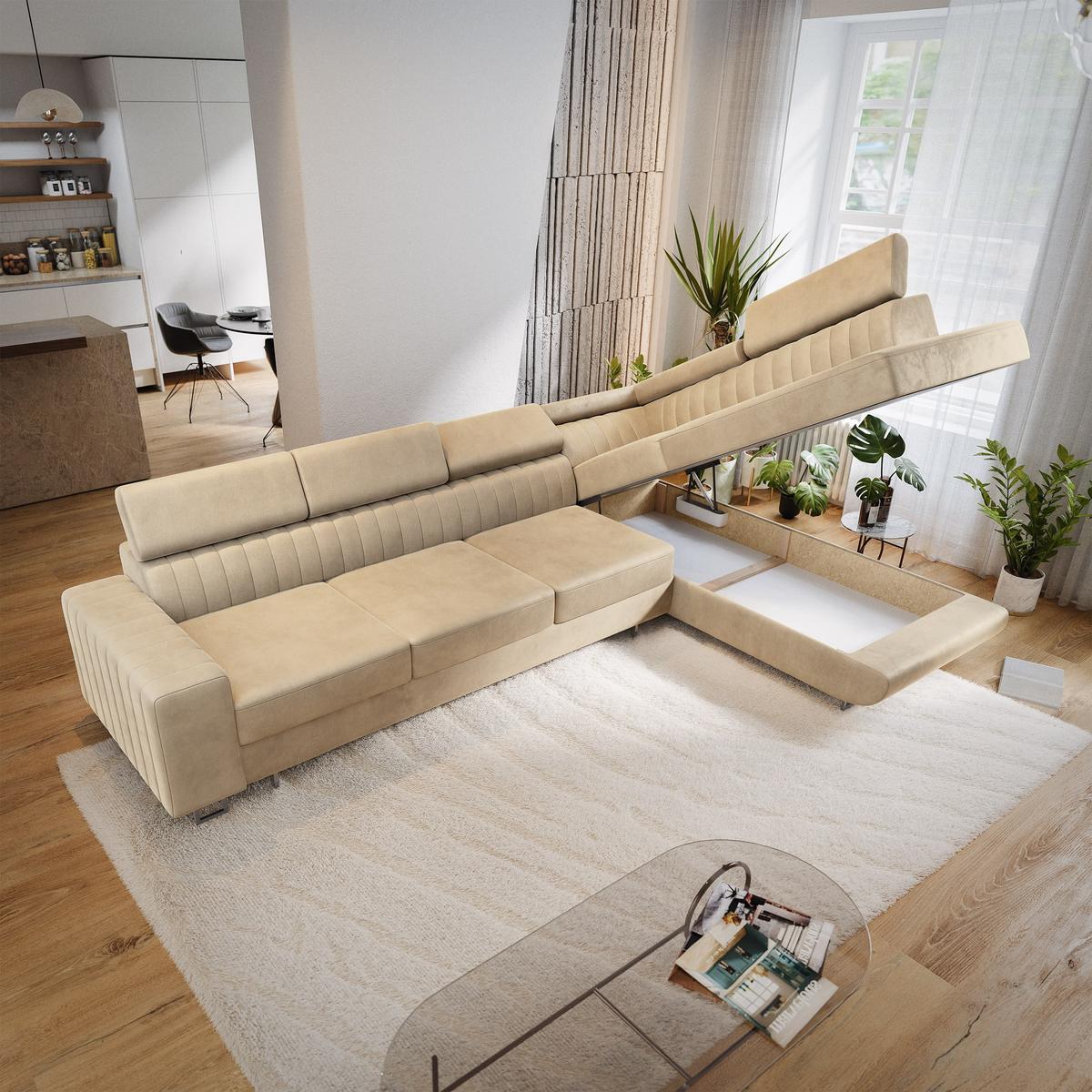 ECKSOFA HESTION Creme Velours-Stoff mit Schlaffunktion - Creme, Holz (332/190cm) - MASSENO