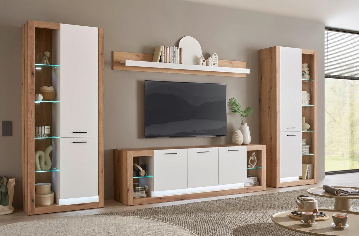 WOHNWAND weiß matt, Evoke Eiche, Wohnkombination Set 4-teilig 398 cm - Eichefarben/Silberfarben, Glas/Holzwerkstoff (398/195/43cm) - Furn.Design