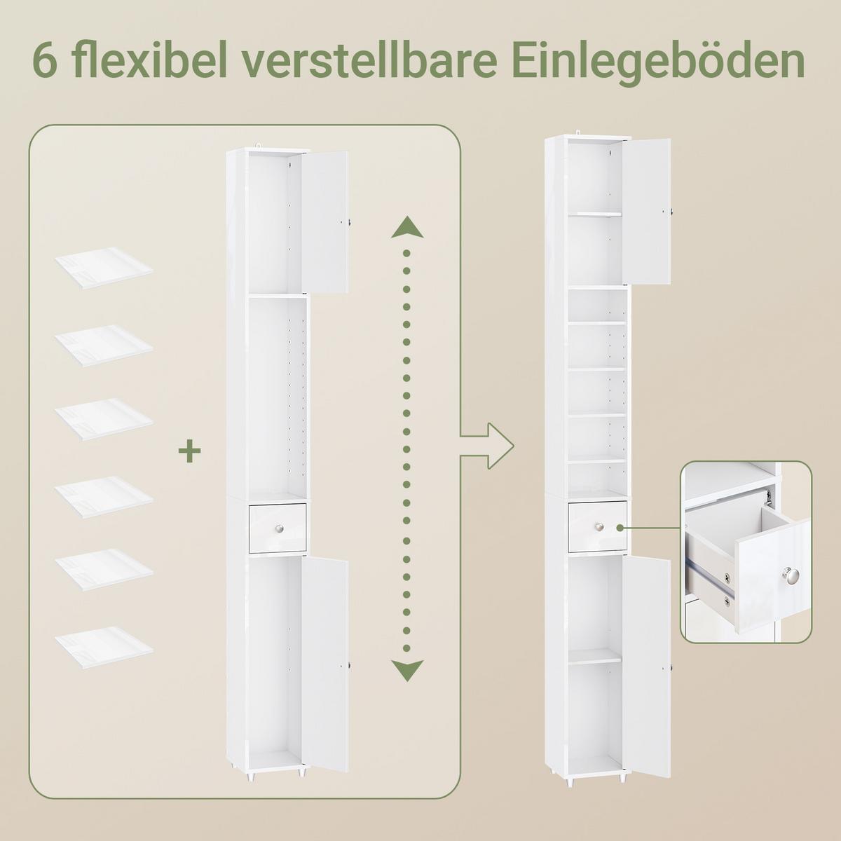 HOCHSCHRANK Weiß, Badezimmerschrank schmal 20x20x180 cm - Silberfarben/Weiß, Holzwerkstoff (20/180/20cm) - SoBuy