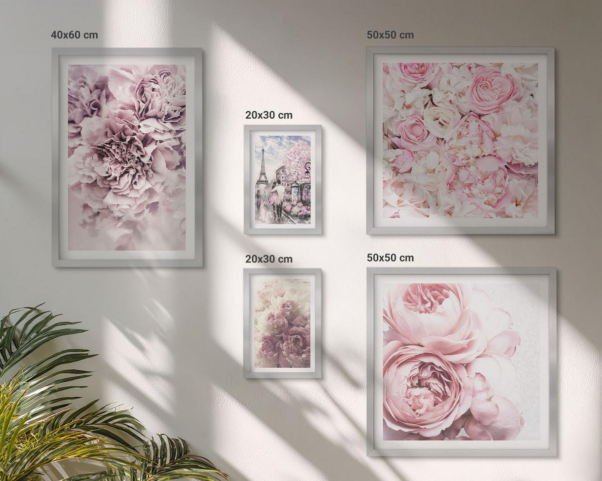 BILDER SET 5er Set - 50x50 cm & 20x30 cm & 40x60 cm Silberner Rahmen - Rosa Blumen, romantische Landschaft - Silberfarben, Kunststoff (40/60cm) - TULUP