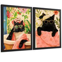 POSTER 2er Kunstdruck-Set Wandbilder Katzen Badezimmer modern Wohnzimmer Deko, Schlafzimmer, Küche Schwarzer Rahmen A4 - Schwarz, Papier (29.7/1/21cm) - Nacnic