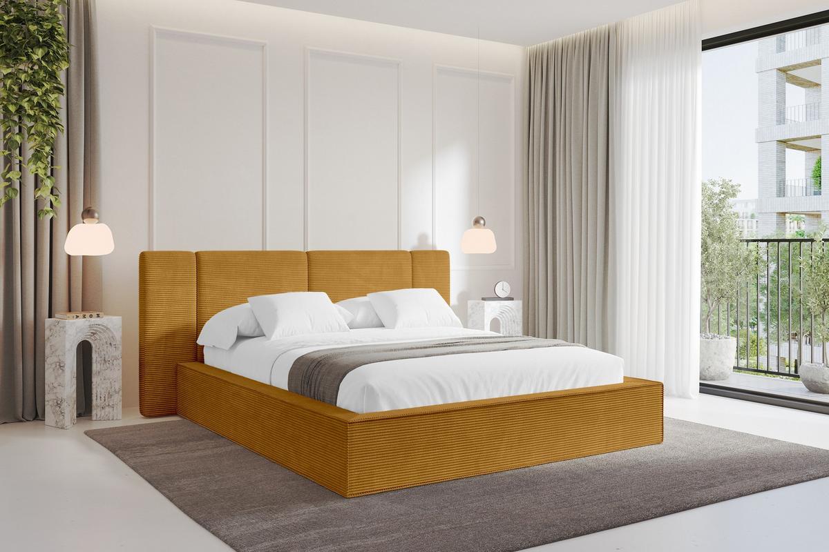POLSTERBETT mit Bettkasten und Lattenrost, Bett mit Matratze H3/H4 - RIVO 140x200 Senfgelb - Gelb, Holzwerkstoff/Textil (140/200cm) - ALTDECOR