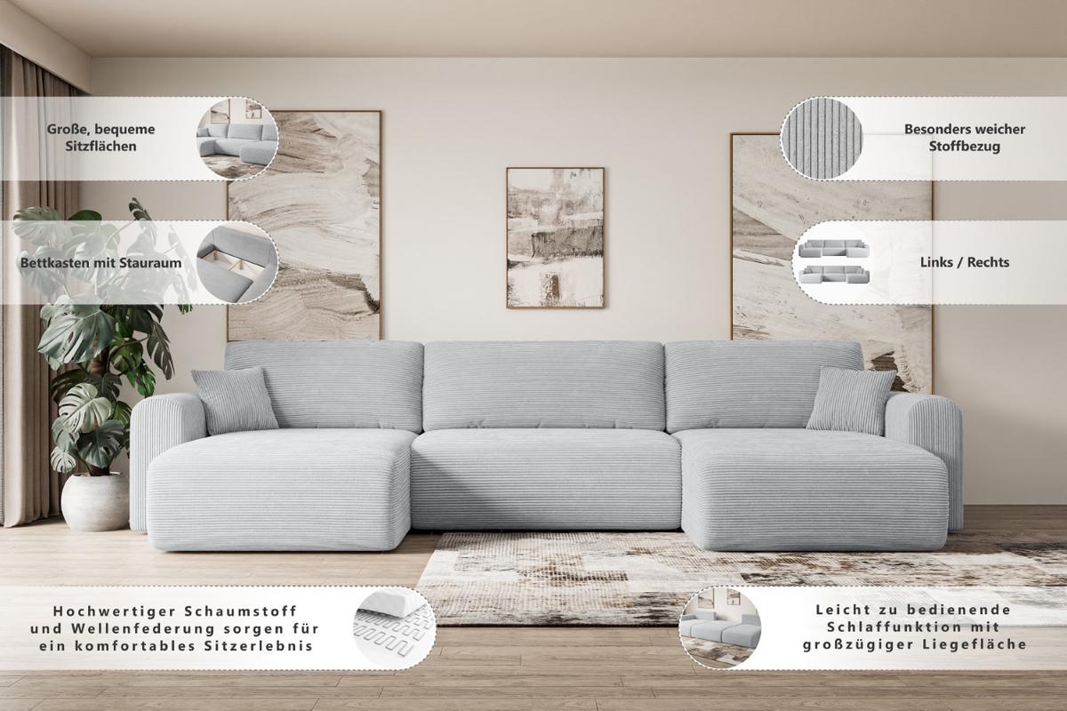 WOHNLANDSCHAFT mit Schlaffunktion und Bettkasten ORRO-U - 362x145x83 cm Grau Bouclé - Schwarz/Grau, Holzwerkstoff/Kunststoff (362/83/145cm) - ALTDECOR