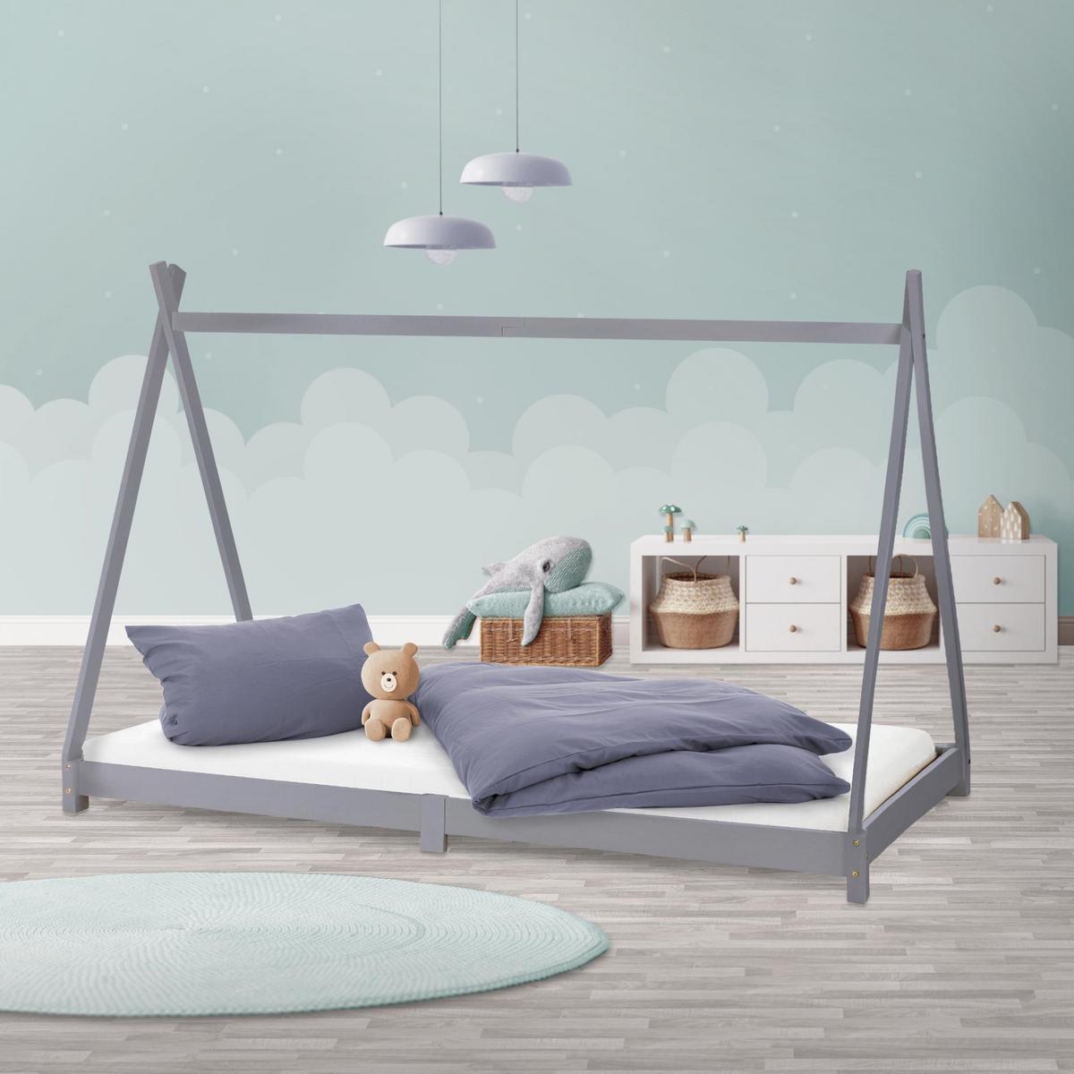 KINDERBETT Tipi mit Matratze 90x200 cm Hellgrau - Hellgrau, Holz (90/200cm) - ML-DESIGN