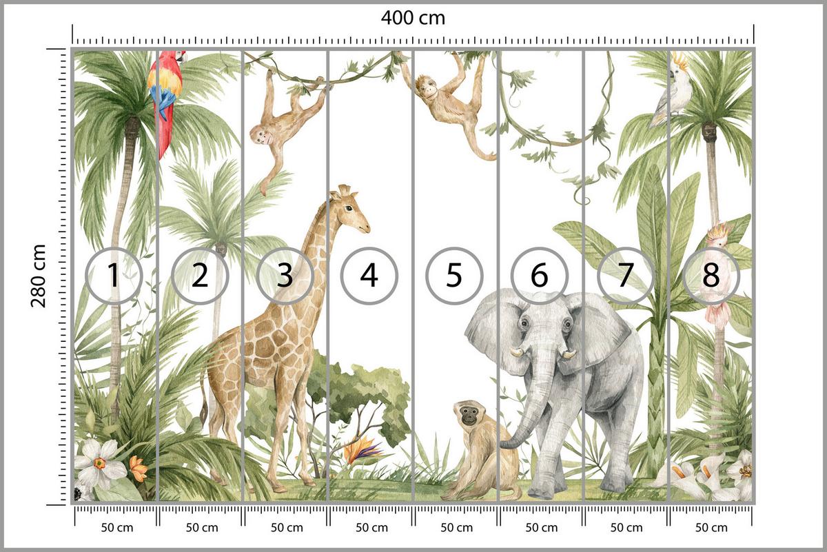 FOTOTAPETE für Kinderzimmer Dschungel Tiere Giraffe Elefant Palmen 400x280 - Beige/Rot, Papier (400/280cm) - Muralo