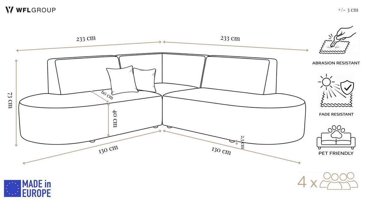 ECKSOFA Nora L-Form 3-Sitzer Universell, Samt, Schwarz 223/73/223 cm - Schwarz Hochglanz/Schwarz, Kunststoff/Textil (223/223cm) - WFL GROUP