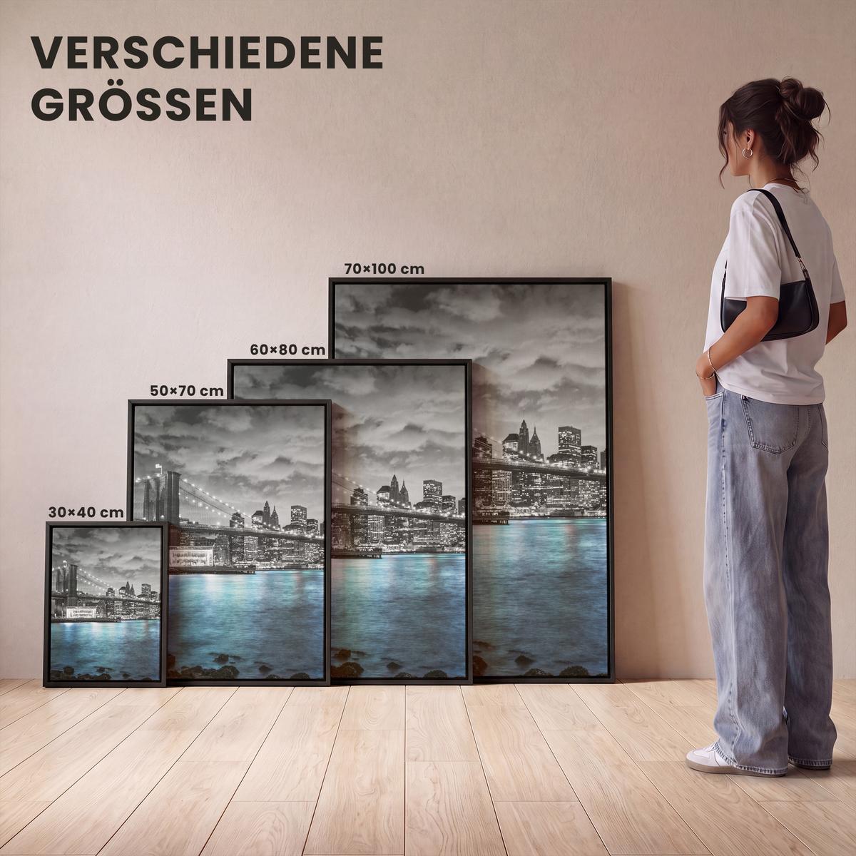 LEINWAND Bilder mit Rahmen - New York - Skyline - Stadt - Blau - 60x80 - Blaugrau, Textil (60/80cm) - MuchoWow