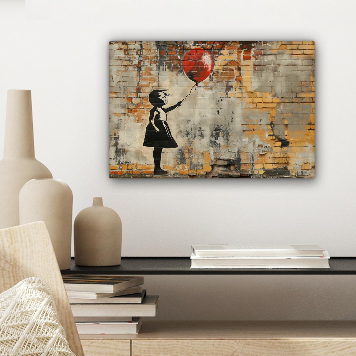 LEINWANDBILD Graffiti - Banksy - Mädchen - Straßenkunst Deko Schlafzimmer 30x20 cm - Sandfarben, Textil (30/20cm) - MuchoWow