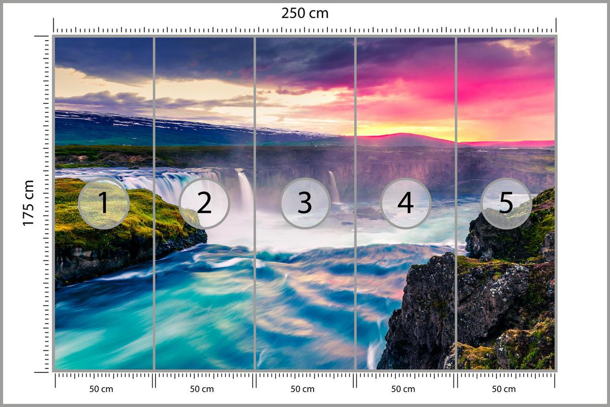FOTOTAPETE für Esszimmer Godafoss Wasserfall Sonnenuntergang Natur 250x175 - Multicolor, Papier (250/175cm) - Muralo