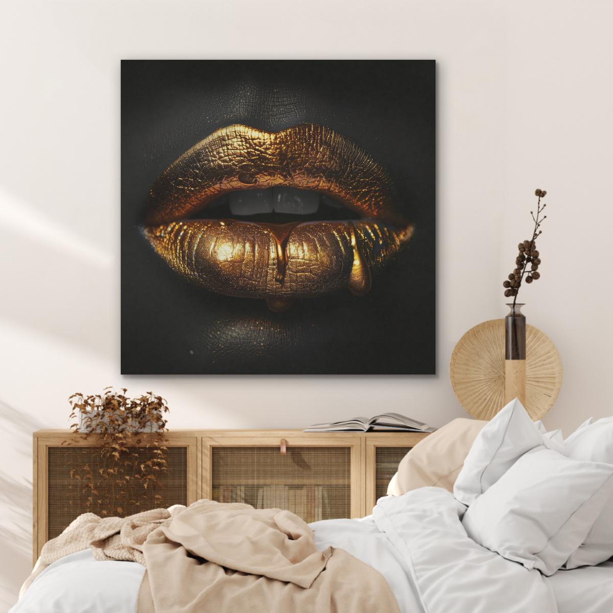 AKUSTIKBILD Frau - Porträt - Lippen - Gold - Schwarz Akustikpaneele 90x90 cm - Schwarz, Kunststoff (90/90/0.9cm) - MuchoWow