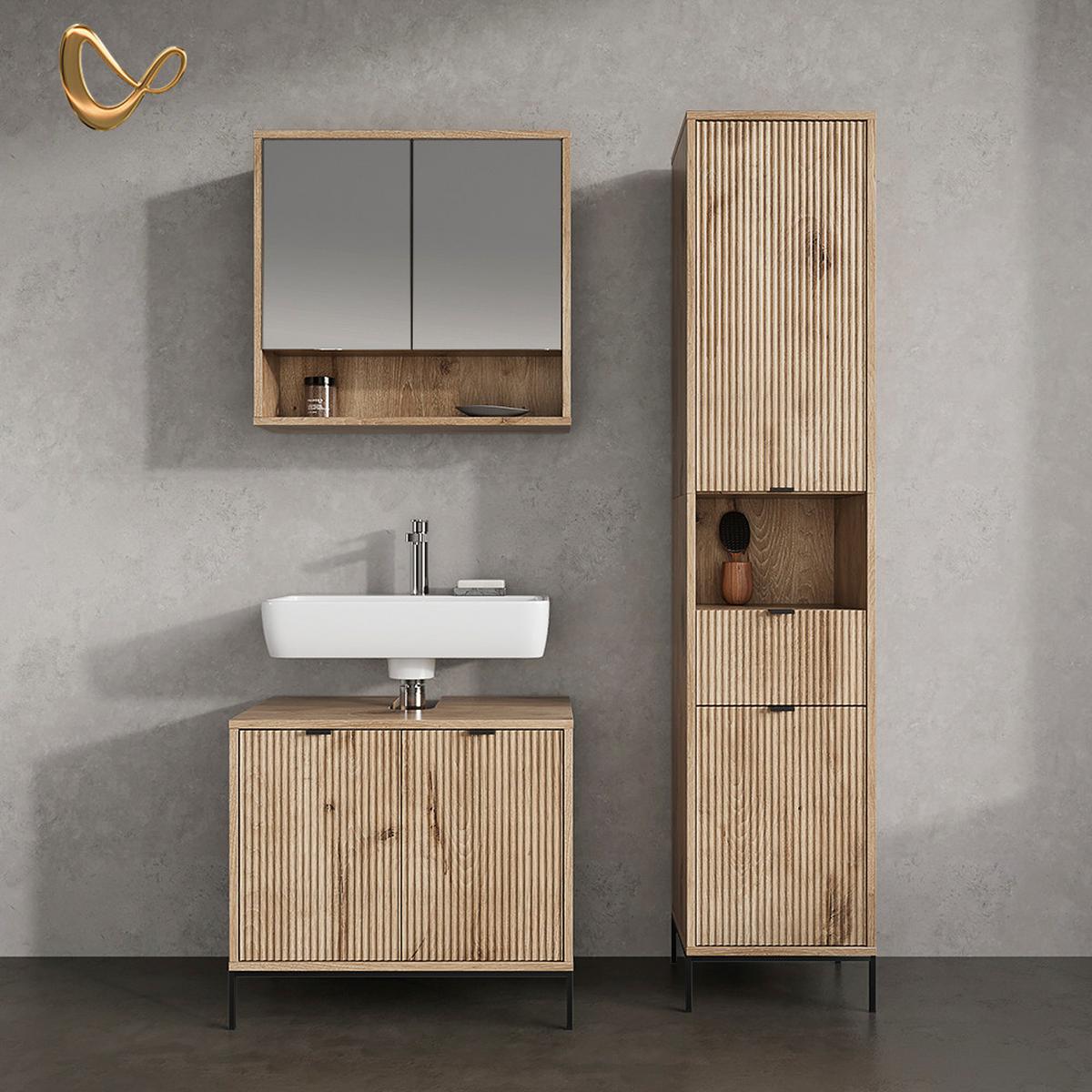 BADMÖBEL-SET ATERNO Viking Oak 3 Teile, mit Hochschrank - Eichefarben, Holzwerkstoff (70/63/45cm) - Livinity®