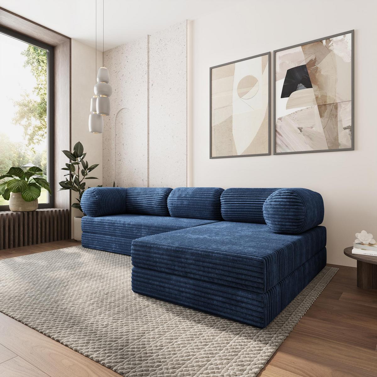 ECKSOFA ETERA modulares Boneless Sofa mit Schlaffunktion Blau Kordstoff - Blau, Textil (270/160cm) - MASSENO