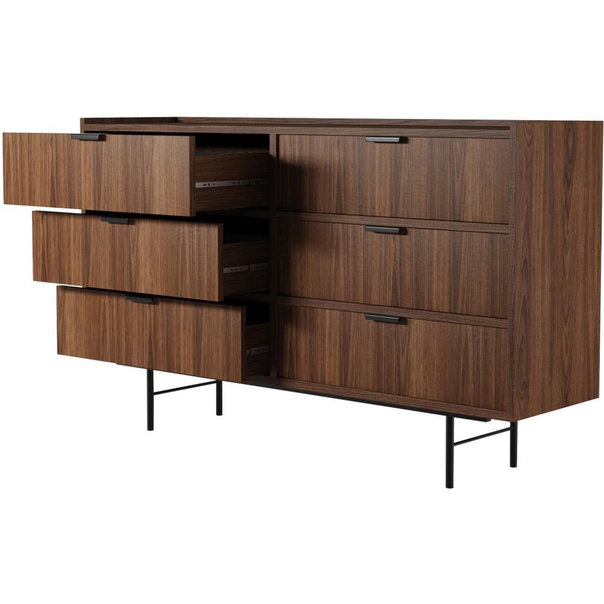 KOMMODE Evron mit 6 Schubladen, Walnuss - Dunkelbraun/Schwarz, Holzwerkstoff/Metall (150/90/40cm) - Beautysofa