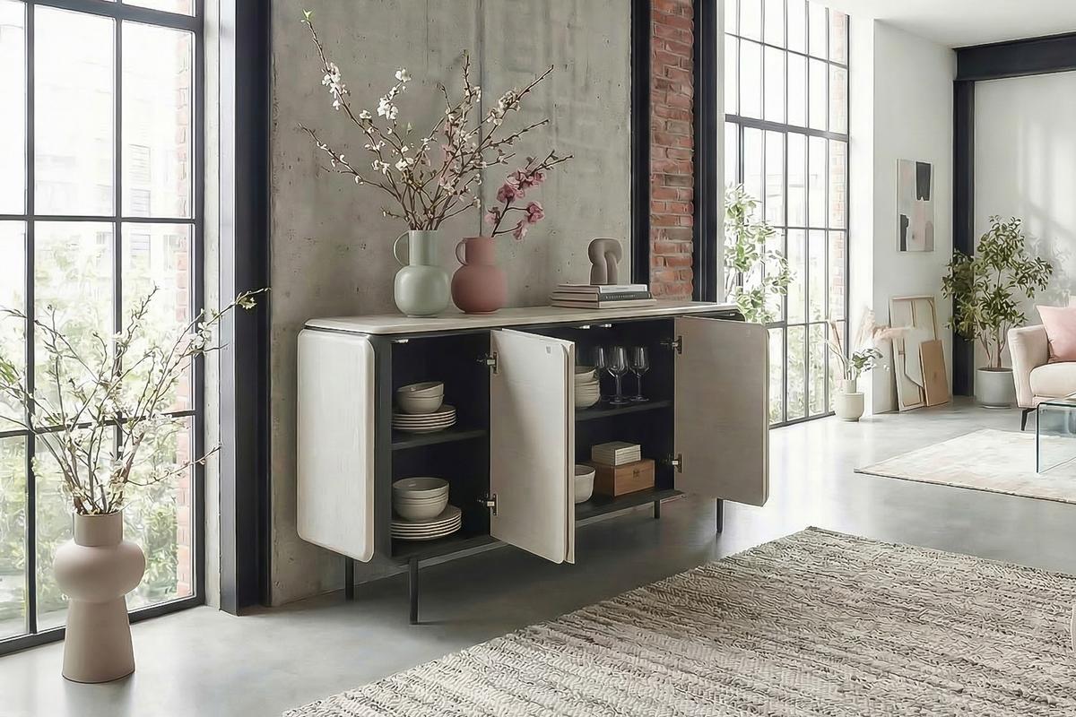 SIDEBOARD AVRIL Grau Eiche - Schwarz/Grau, Holzwerkstoff/Metall (181/87/40cm) - KAWOLA