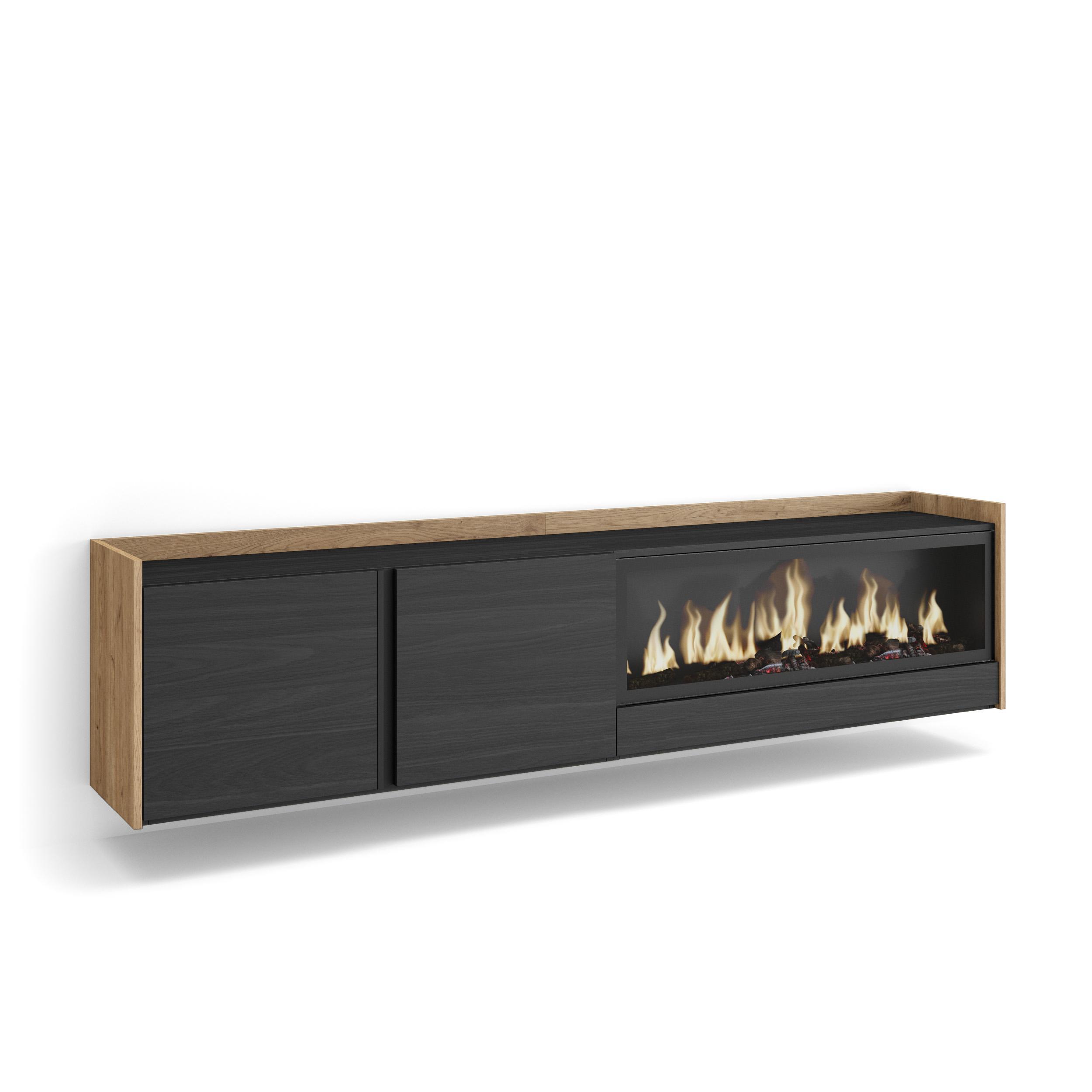 LOWBOARD, Schwarz und Eiche, 212/35/50cm, Kamin mit Feuereffekt XXL - Schwarz, Holzwerkstoff (212/50/35cm) - Skraut Home