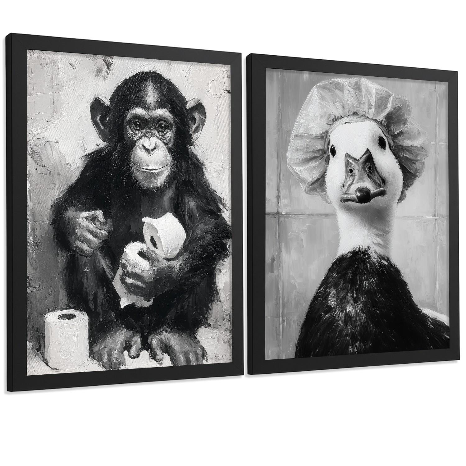 POSTER 2er-Set lustige Tiermotive in Schwarz-Weiß fürs Badezimmer, witzige für Toilette, Bad, minimalistischer Stil Schwarzer Rahmen A3 - Schwarz, Papier (42/29.7/3cm) - Nacnic