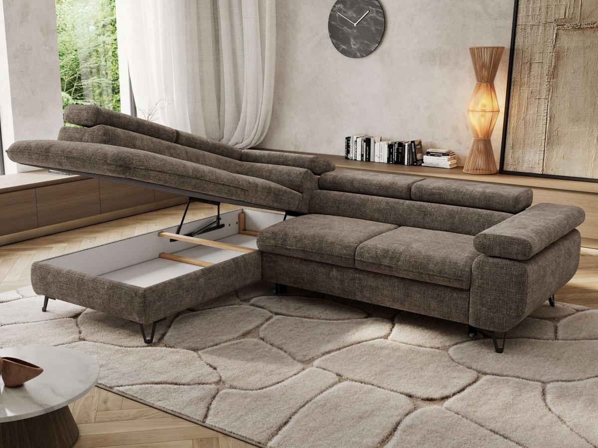 ECKSOFA PABLO L Braun Schenille grob gewebt - Links Seite mit T25 Topper - Schwarz/Braun, Textil/Metall (208/273cm) - MKS