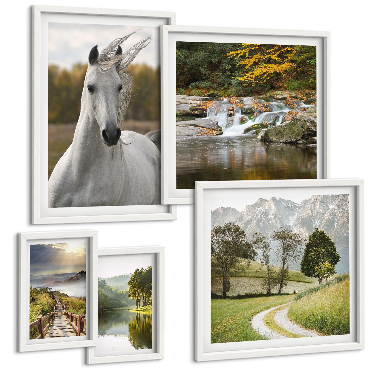 BILDER SET 5er Set - 50x50 cm & 20x30 cm & 40x60 cm Weißer Rahmen - Natur des Flusses White Horses - Weiß, Kunststoff (40/60cm) - TULUP