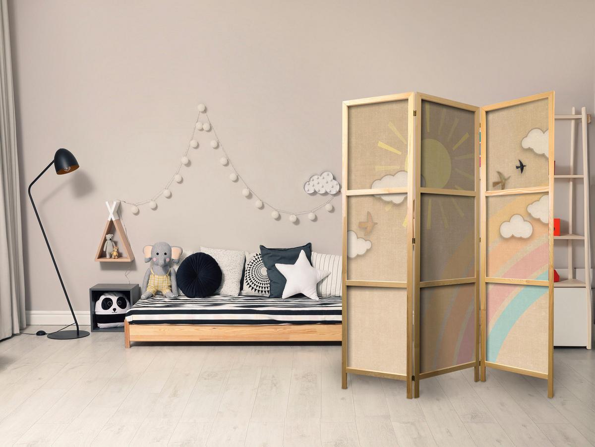 PARAVENT Japanischer 3-tlg 135x172 cm Sonne und Regenbogen - Beige, Holz/Textil (135/172/3cm) - Muralo