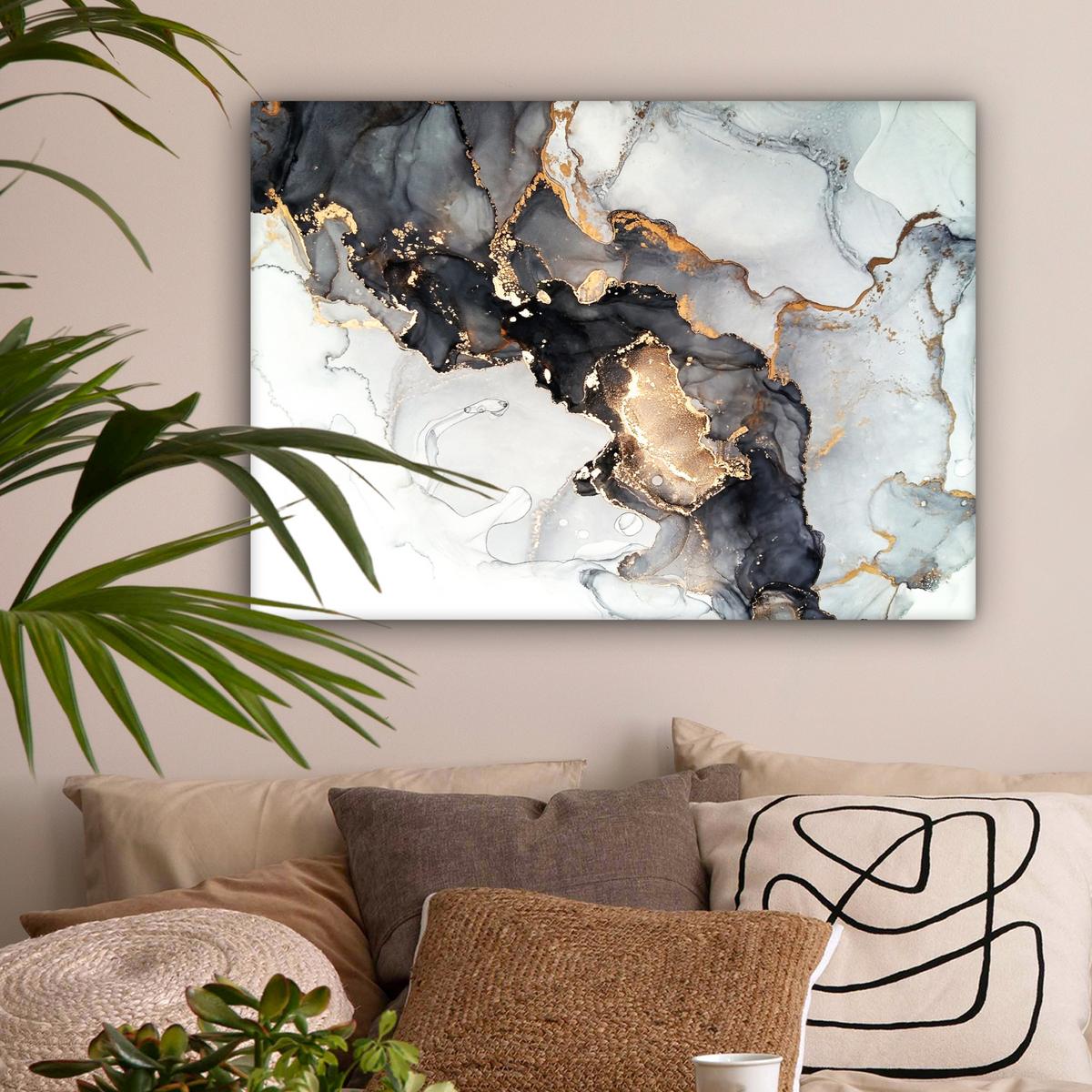 LEINWANDBILD Marmor - Schwarz - Weiß - Gold - Luxus - Abstrakt Wandbilder 80x60 cm - Goldfarben, Textil (80/60cm) - MuchoWow