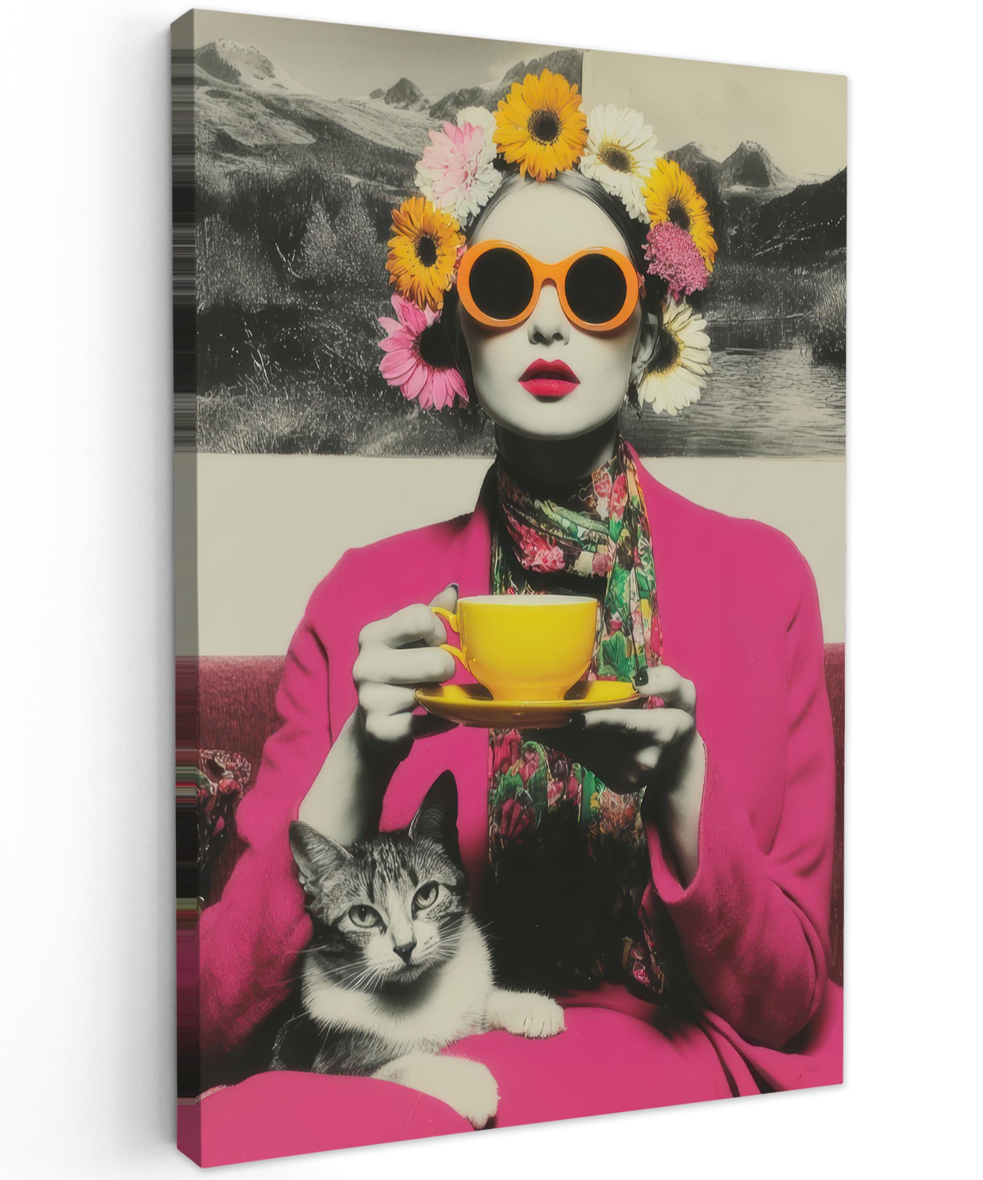 LEINWANDBILD Frau - Katze - Blumen - Tasse - Retro Deko Wohnzimmer 20x30 cm - Magenta, Textil (20/30cm) - MuchoWow