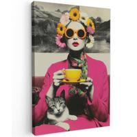 LEINWANDBILD Frau - Katze - Blumen - Tasse - Retro Deko Wohnzimmer 20x30 cm - Magenta, Textil (20/30cm) - MuchoWow