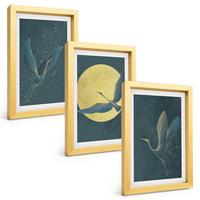 BILDER SET 3er Set - 20x30 cm Goldrahmen - Kraniche im Flug bei Nacht - Goldfarben, Kunststoff (20/30cm) - TULUP
