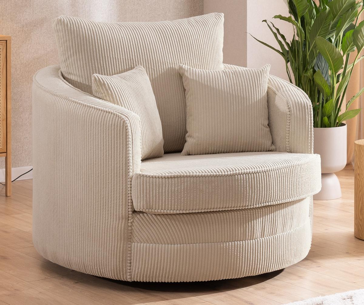 DREHSESSEL Ted aus Beige Cord-Stoff - Beige/Schwarz, Holz/Textil (107/94/100cm) - S-Style Möbel