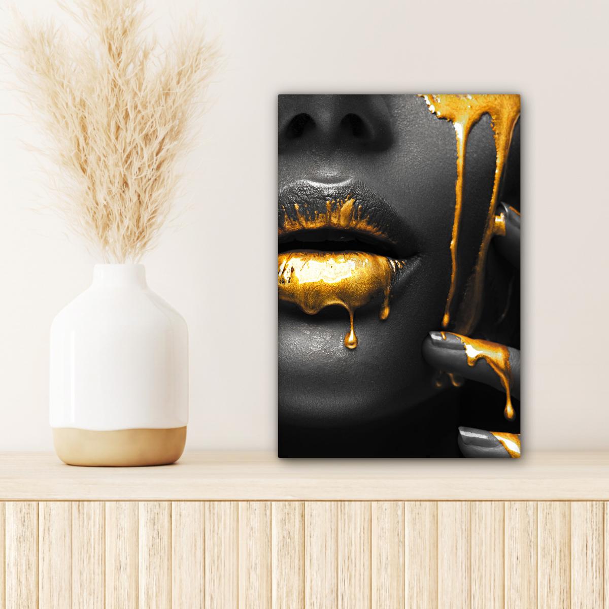LEINWANDBILD Frau - Schwarz - Gold - Gesicht - Lippen Deko Wohnzimmer 20x30 cm - Goldfarben, Textil (20/30cm) - MuchoWow