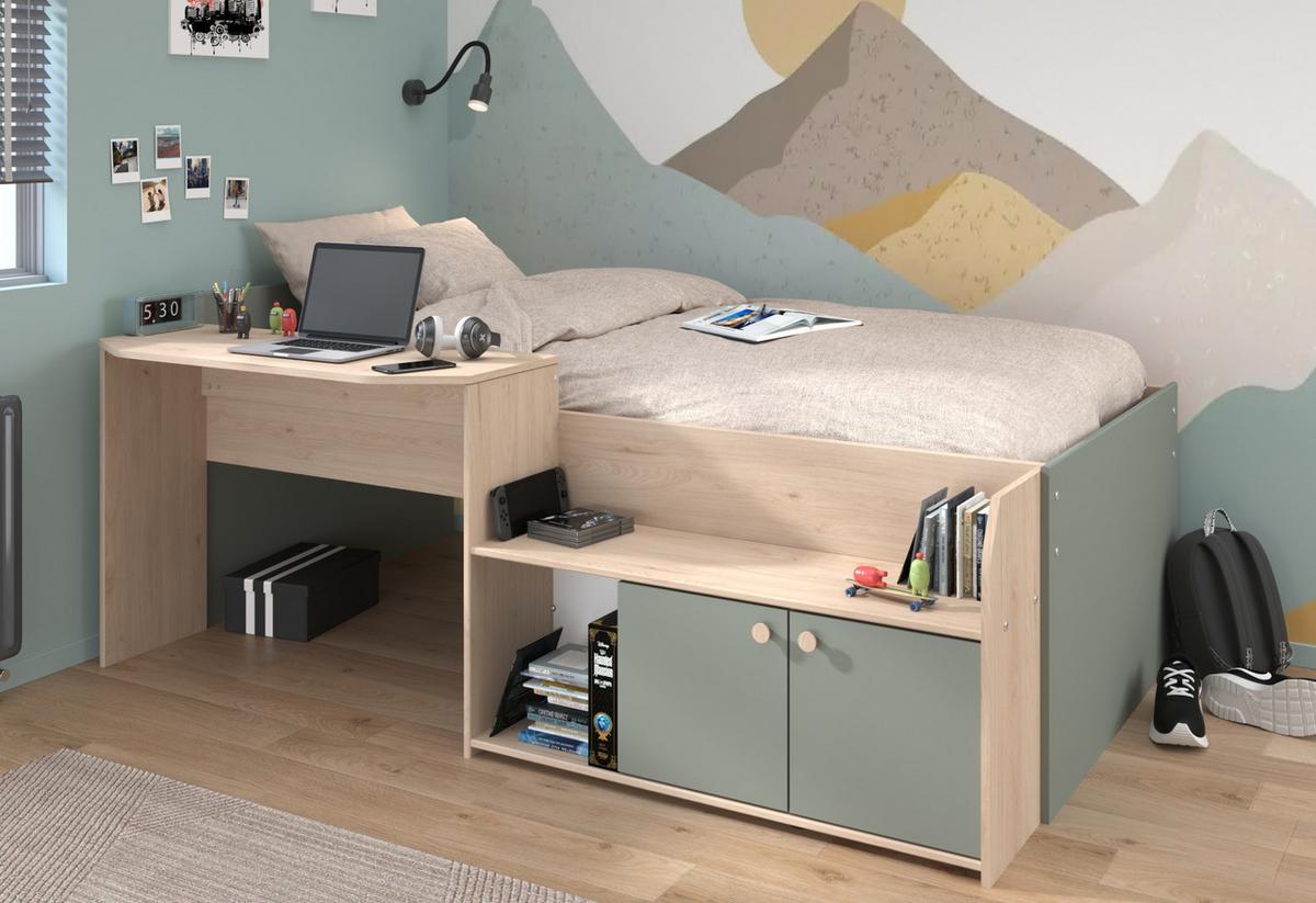 HOCHBETT Eiche, Salbei Grün, Stauraum-Bett für Kinder- und Jugendzimmer, 90 x 200 - Salbeigrün/Eichefarben, Holzwerkstoff (90/200cm) - Parisot Meuble