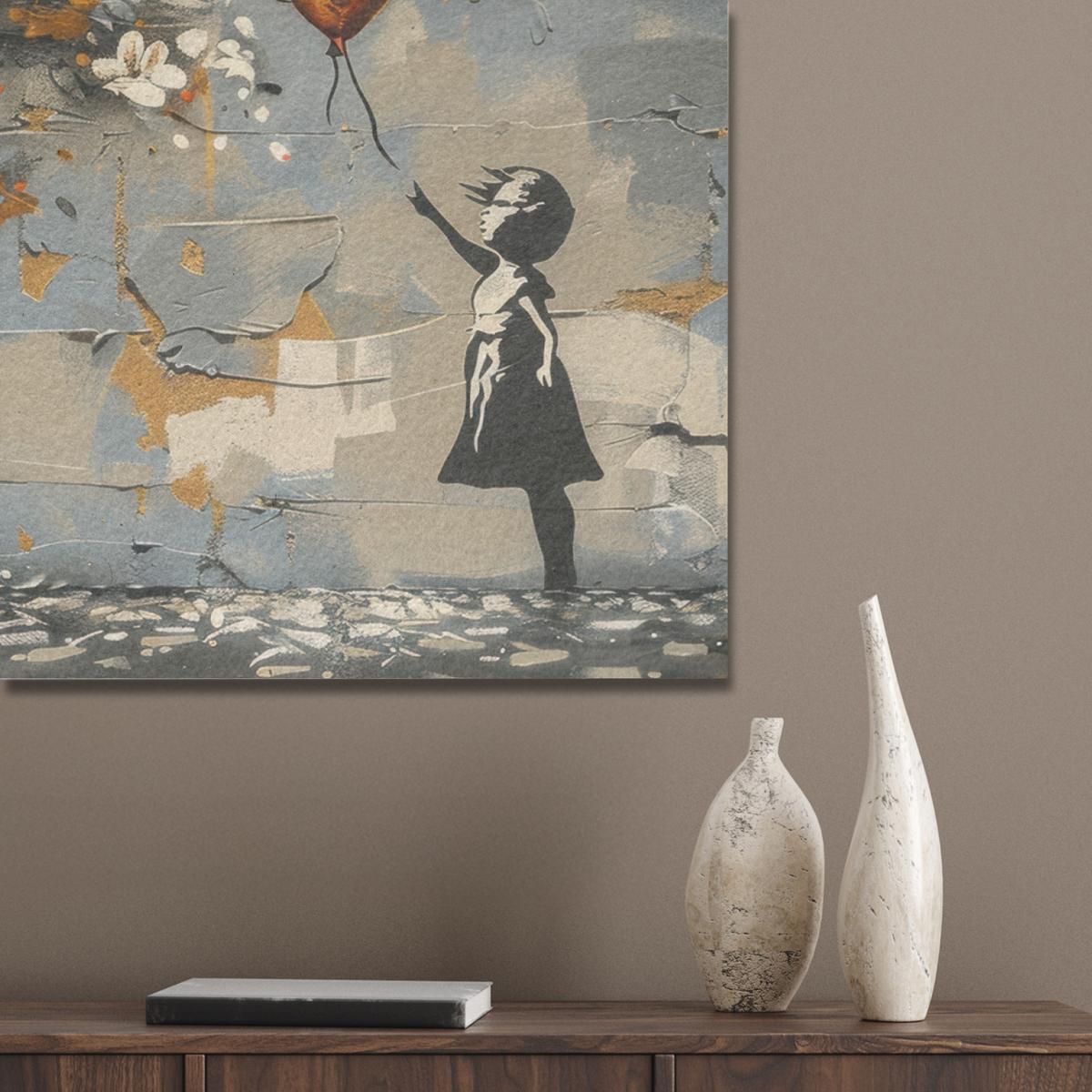 AKUSTIKBILD Baum - Graffiti - Banksy-Stil - Ballon-Mädchen Gemälde 80x60 cm - Blaugrau, Kunststoff (80/60/0.9cm) - MuchoWow