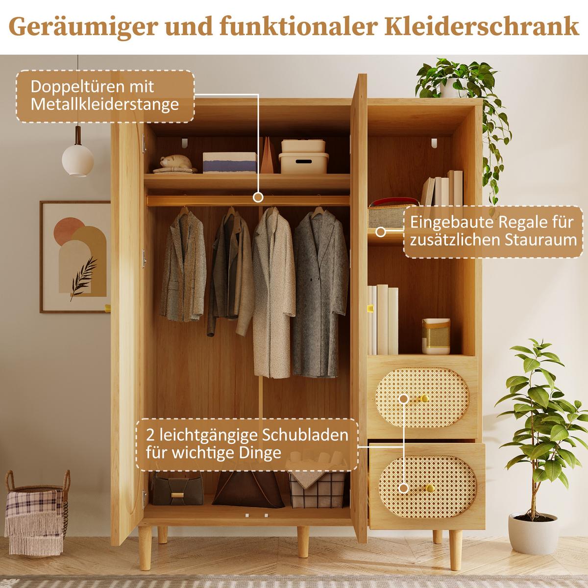 KLEIDERSCHRANK in Eichenoptik mit Rattan-Dekor, offenen Regalen und 2 Schubladen - Eichefarben, Holz (120/161/44cm) - Urban Meuble